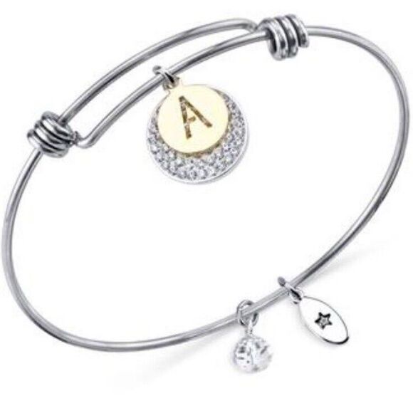 Unwritten Pave and Disc Bangle Bracelet "A" Amazing Stainless Steel New - Picture 1 of 3